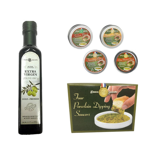 Dean Jacob's Bread Dipping Set with, Parmesan,Tuscany, Rosa Maria and Sicilian Seasoning Tins