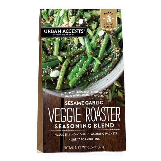 Urban Accents Veggie Roaster 5 Flavor Pack Citrus Pepper, Sesame Garlic, Balsamic Roasted Onion, Roasted Garlic Rosemary & Manchego Roasted Garlic.