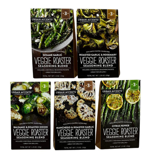 Urban Accents Veggie Roaster 5 Flavor Pack Citrus Pepper, Sesame Garlic, Balsamic Roasted Onion, Roasted Garlic Rosemary & Manchego Roasted Garlic.