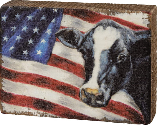 Primitives by Kathy American Flag with Cow Home Décor Block Sign
