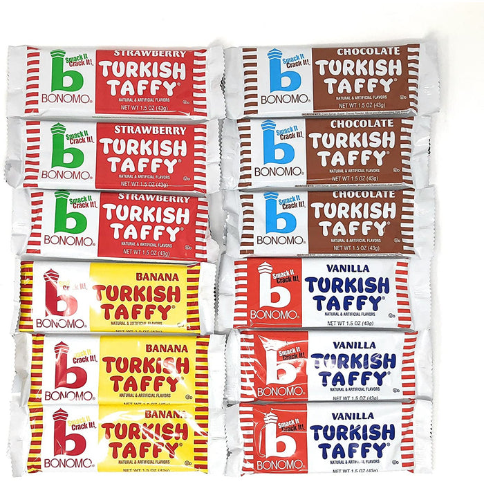 Bonomo Turkish Taffy Variety Pack 3 Bars Each Chocolate, Banana, Vanilla, Strawberry