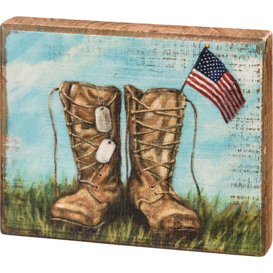 Primitives By Kathy Military Boots With Dog Tags and American Flag Box Sign