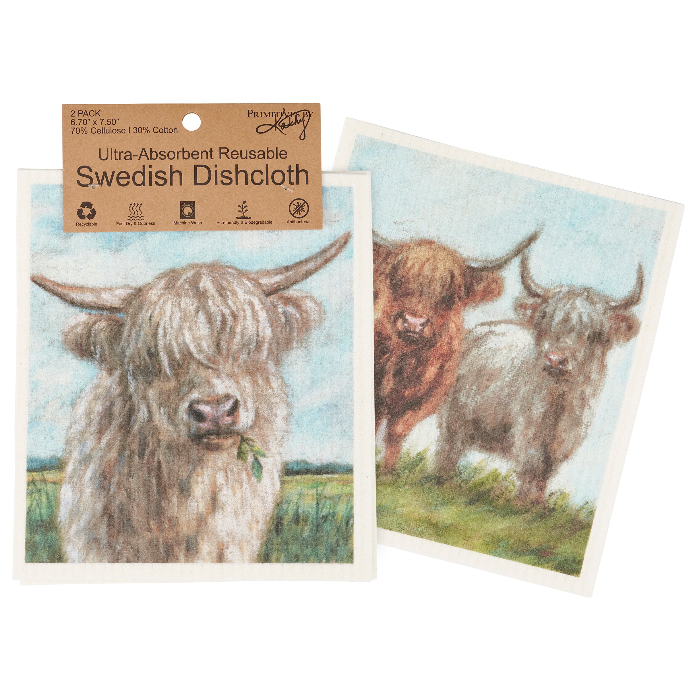 Primitives By Kathy Highland Cows Swedish Dishcloth Set