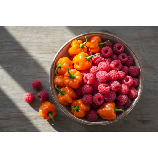 bowl of raspberries and habaneros
