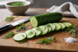 cucumber and dill on cutting board