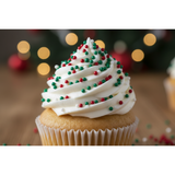 cupcake with shiny red white and green round sprinkles