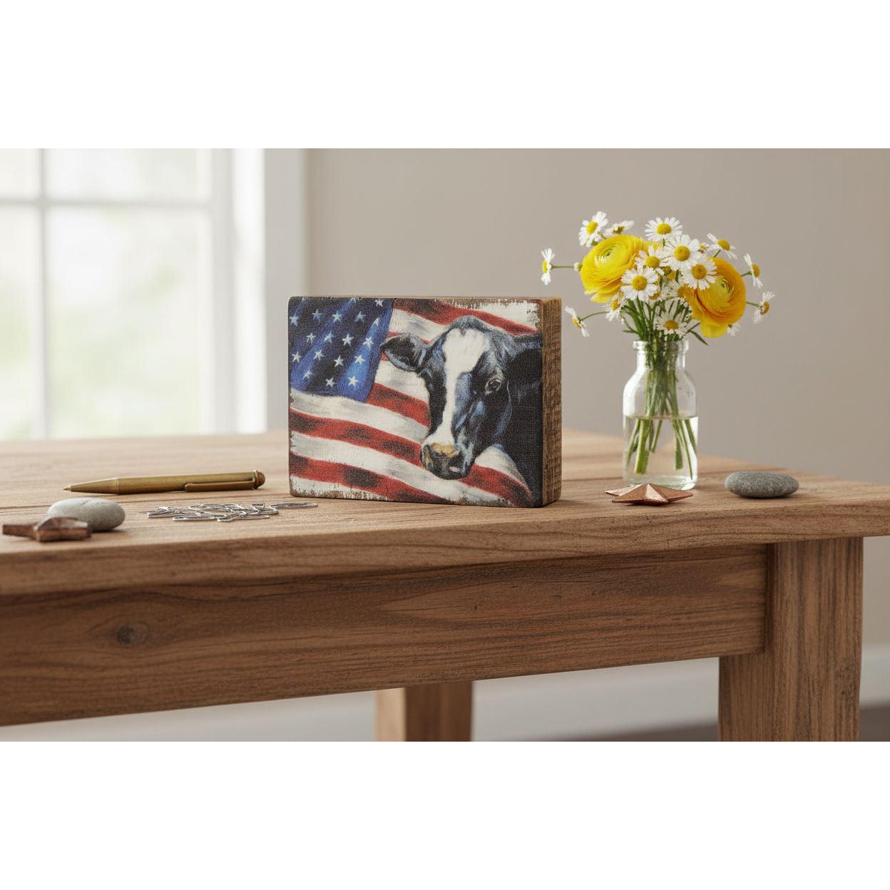 Primitives by Kathy American Flag with Cow Home Décor Block Sign