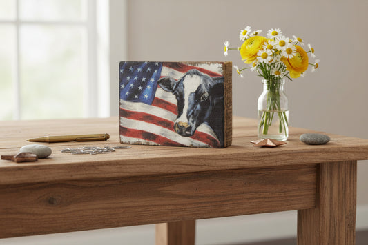 Primitives by Kathy American Flag with Cow Home Décor Block Sign