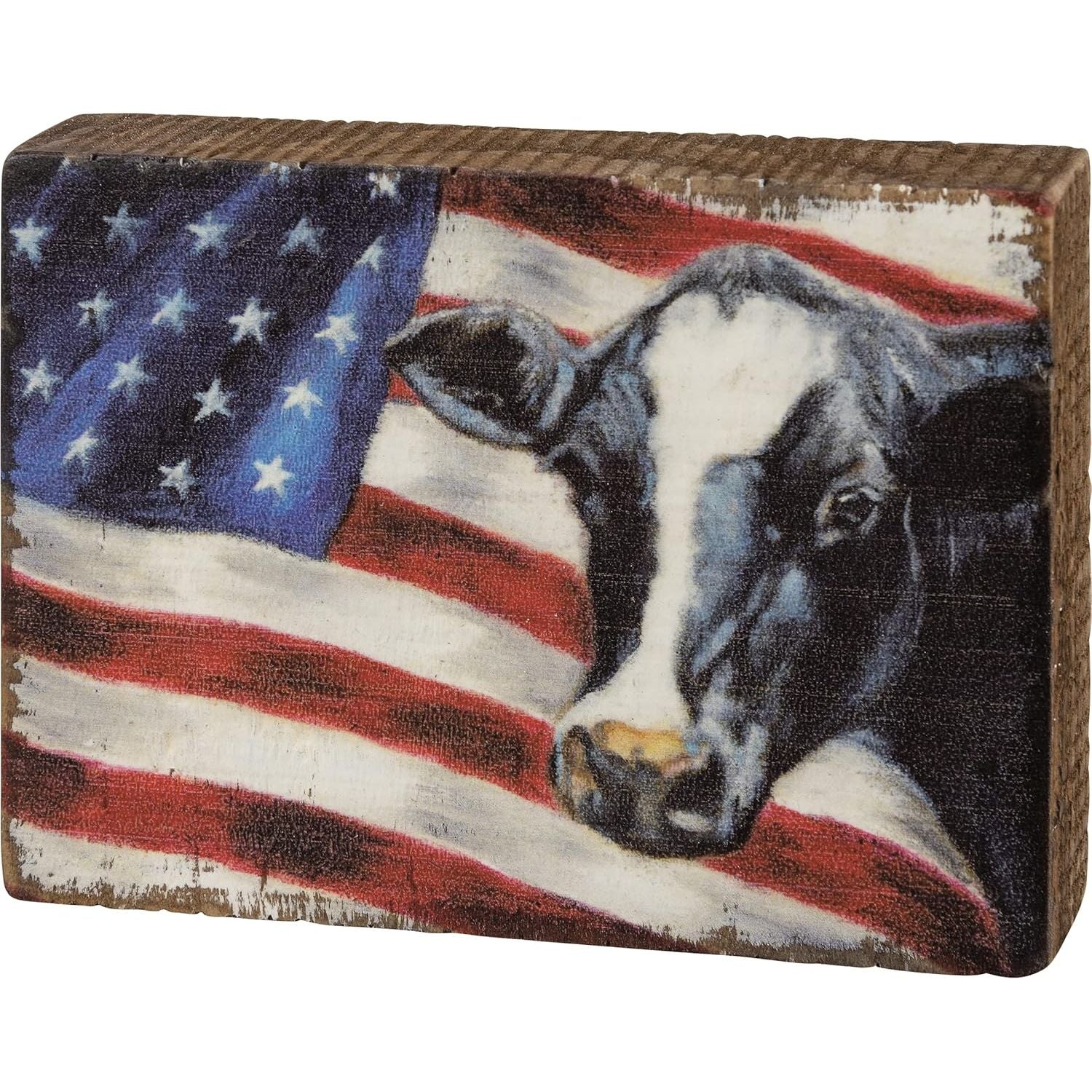 Primitives by Kathy American Flag with Cow Home Décor Block Sign