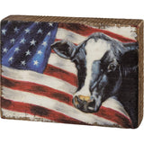 Primitives by Kathy American Flag with Cow Home Décor Block Sign