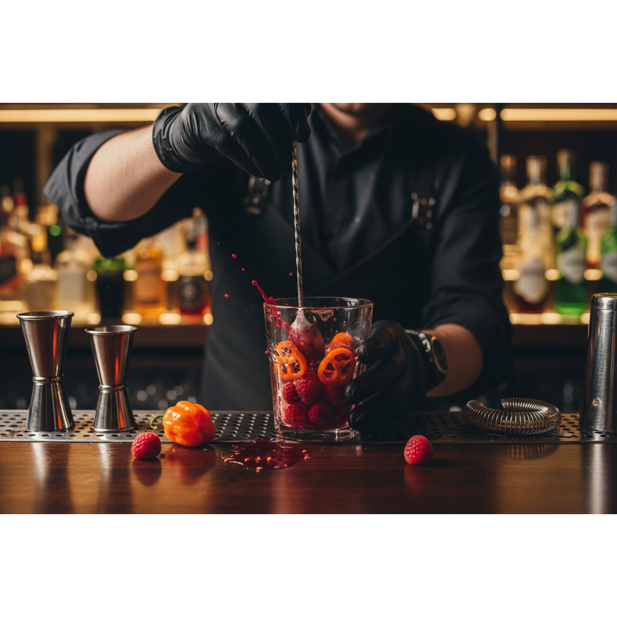 raspberries and  habaneros in a cocktail bar being mixed together