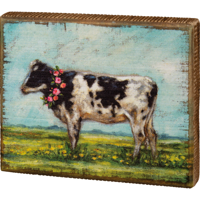 Primitives By Kathy Block Sign  Cow With Wreath