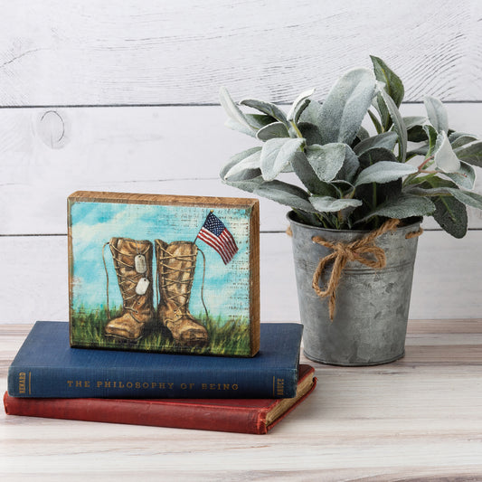 Primitives By Kathy Military Boots With Dog Tags and American Flag Box Sign