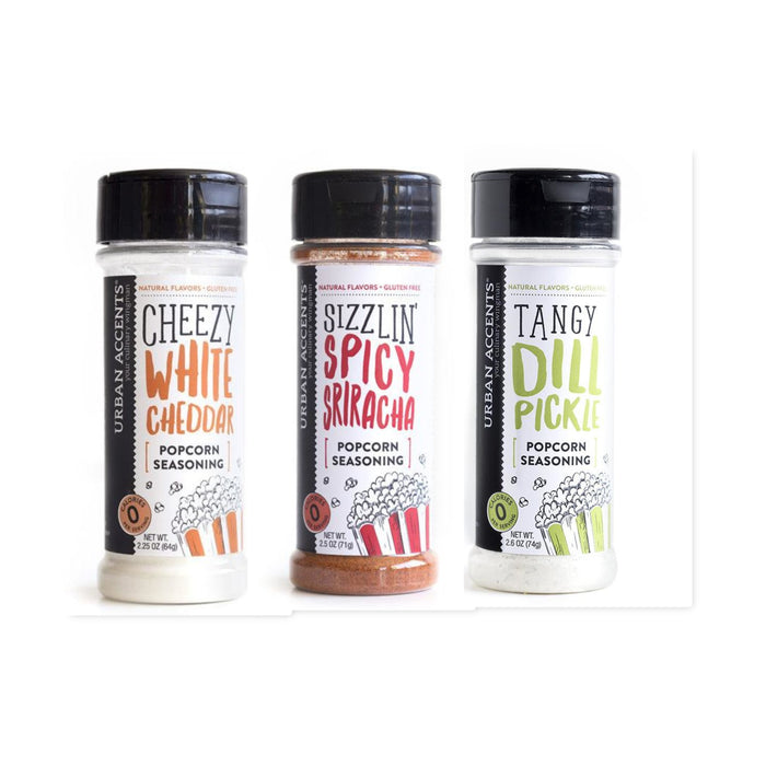 Urban Accents Popcorn Seasonings White cheddar, Spicy Sriracha and Dill Pickle Variety Pack
